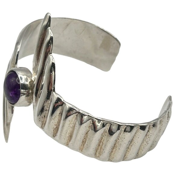 Vintage Modernist Abstract 925 Sterling Silver Amethyst Cuff Bracelet Taxco - Picture 3 of 6